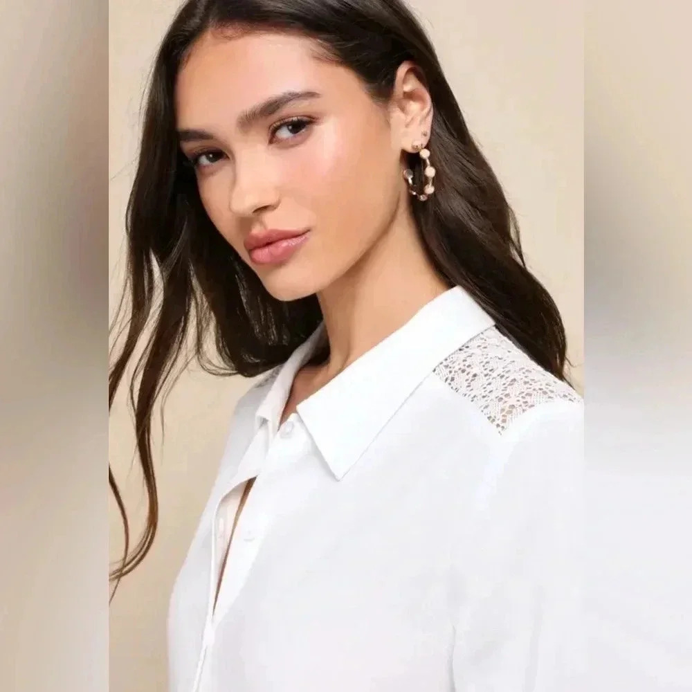 Lulus Ivory Crochet Lace Button Up Top New With Tags - Picture 5 of 6